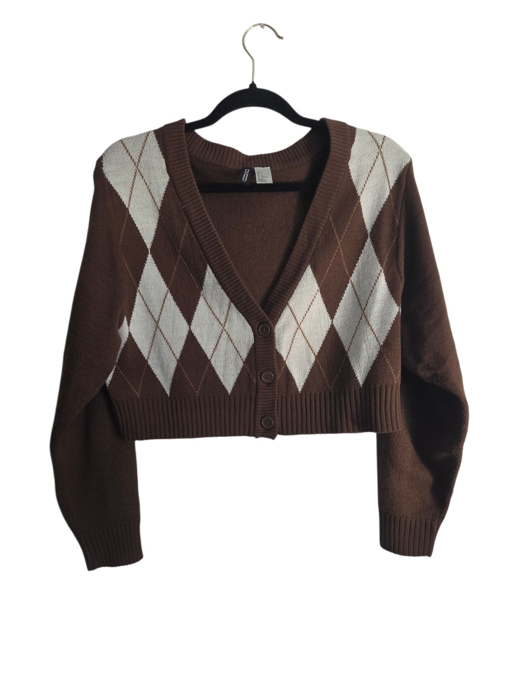 H&M Divided Brown and Cream Argyle Cropped V-Neck Cardigan
